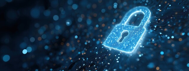Premium image of locked on a blue background with a digital security concept, an AI technology and internet network protection banner, with copy space for your text message or.