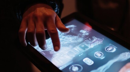 Interactive touch screen interface with finger touch for digital interaction concept