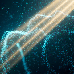 Poster - Dynamic streams of light and glowing particles flow through a dark blue background, creating an abstract design. Generative AI.