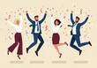 © PP Creative - Four business people joyfully jump and celebrate their success amidst colorful confetti