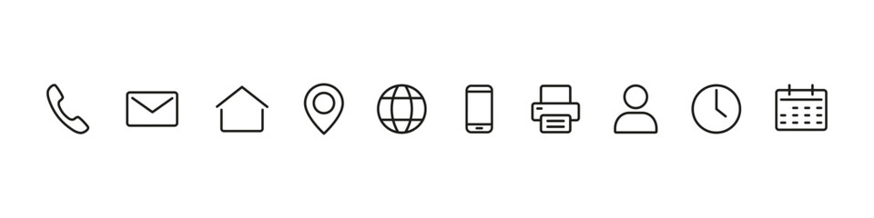 Contact icons, contact us in line style. Web icons set address, location, number, fax, email, phone, website, message, name, information icon collection, communication contact