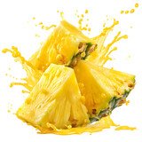 Freshly cut pineapple slices with juice splashing against a black background healthy tropical fruit concept for food and beverage advertising