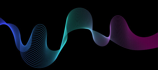 Poster - Abstract vector wavy lines flowing smooth curve black colorful spectrum light gradient isolated on black background in concept of technology, science, music, modern.
