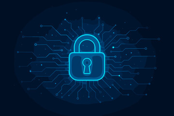 Cyber security concept with padlock icon and circuit board. Digital data protection and privacy technology background. Network safety and information encryption system illustration.