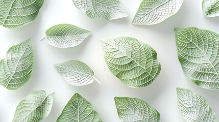 Leinwandbilder - Green leaves with intricate vein patterns isolated on white background create a natural and calming botanical composition
