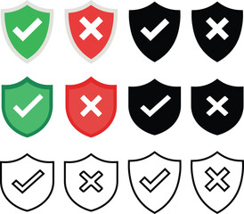 Fototapete - Shield icons featuring check marks and crosses representing approval and rejection in various styles