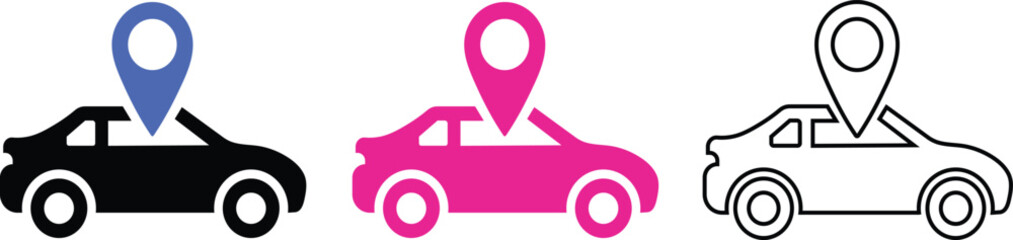 Fototapete - Three stylish car icons with navigation pin symbols showing location services and car locator concepts