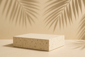 Poster - Minimalistic empty terrazzo podium on beige background with palm tree shadow creating a relaxing and elegant atmosphere for showcasing beauty or fashion products