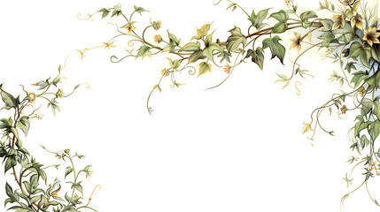 Poster - Ivy vines with green leaves and delicate flowers isolated on white background create a decorative border