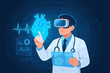 © Fabian - Doctor using virtual reality for heart diagnosis. Cardiologist with VR glasses analyzes a 3D heart hologram and ECG. Futuristic healthcare, medical technology, metaverse concept.