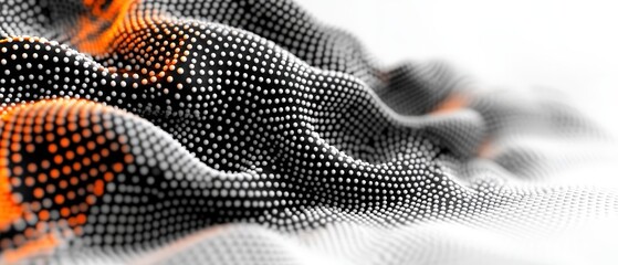 Poster - Abstract futuristic digital wave pattern with glowing black and orange dots forming flowing curves and textures design