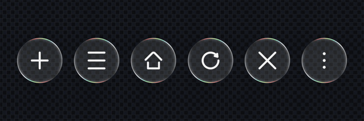 Poster - White outlined UI icons in liquid glass circles. Modern interface button set for application design development. Vector graphics.