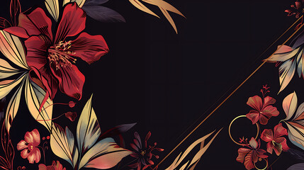 Poster - Elegant floral design features red flowers and golden leaves on a dark background creating a decorative and artistic botanical pattern