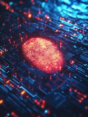 Poster - Glowing holographic fingerprint displayed in futuristic digital environment symbolizing biometric security, identity verification, cyber protection, data access control, smart authentication systems.