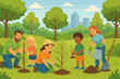 © Zara - Happy diverse community of volunteers and family planting trees in a city park. Teamwork for ecology, sustainability, and environmental conservation. Earth Day vector illustration.