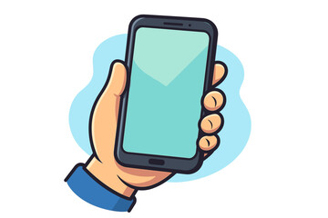 Poster - Cartoon hand holding smartphone with blank screen. Mobile phone mockup template for app presentation. Vector illustration of person using cell phone. Communication technology.