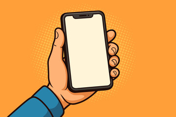 Poster - Hand holding a smartphone with a blank white screen in pop art comic style. Mobile phone mockup template for application or website design. Retro vector illustration with copy space.
