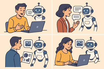 Aufkleber - Human and AI robot interaction vector illustration set. People communicating with chatbot for support, data analysis, and generative art. Future technology & business concept.