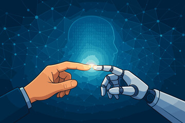Fototapete - Human hand touches robot finger, symbolizing connection. Artificial intelligence concept of human-machine synergy, digital transformation, and future technology with a binary code head.