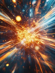 Fototapete - Futuristic digital art showing a burst of energy with glowing particles in motion, symbolizing quantum physics or data flow.
