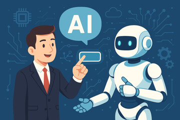 Poster - Businessman interacting with AI robot for business automation. Concept of artificial intelligence, innovation, and future technology. Human and chatbot partnership communication.