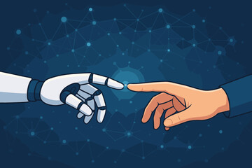 Fototapete - Robot and human hands connection. Creation of Adam metaphor for AI. Artificial intelligence, technology, innovation. Future of humanity and machine synergy, partnership, network.