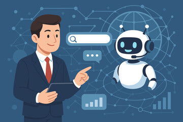 Fototapete - Businessman interacting with AI chatbot for customer service and data analysis. Concept of artificial intelligence, virtual assistant technology, and global business communication.