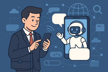 Fototapete - AI chatbot concept. Businessman with smartphone. Virtual assistant. Customer service robot. Man talking with bot. Online support. Artificial intelligence technology. Communication.