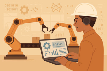 Poster - Smart factory automation concept with engineer managing robotic arms on a conveyor belt. Industry 4.0, advanced manufacturing, logistics, and artificial intelligence technology.