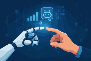 Fototapete - Human-AI collaboration. Robot and human hand touching. Concept of digital transformation, business partnership, and future technology. Chatbot, data analysis, growth chart. Vector.