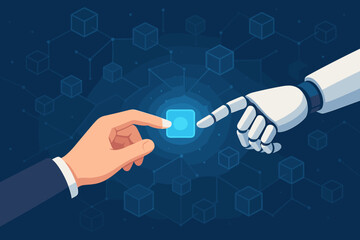 Fototapete - Human hand and robot AI collaborating. Concept of future technology, business automation, and digital transformation. Man and machine partnership with blockchain network background.