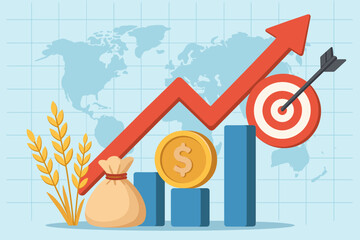 Poster - Global economic growth concept. Agriculture commodity market analysis. Financial investment strategy. Business success target. Up arrow on bar chart with world map. Profit and revenue.