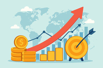 Poster - Economic growth concept with rising arrow graph and bar chart. Financial success and business strategy with gold coins and target. Global economy, investment and profit vector.