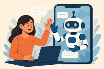 Poster - Woman communicates with AI chatbot on smartphone. Concept of virtual assistant, customer support, and online consultation. Humanoid robot and user interaction with laptop. Future tech.