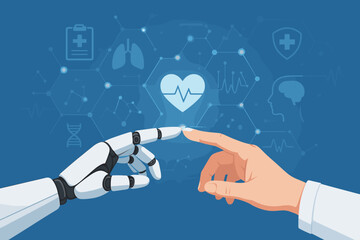 Fototapete - Robot and doctor hand touching on a futuristic medical interface. Concept of AI in healthcare, technology, and innovation. Digital health, diagnostics, and human-machine synergy.