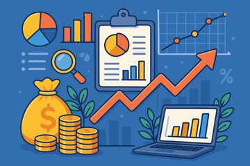 Poster - Financial analytics and economic growth vector illustration. Business success concept with upward arrow, charts, graphs, and money bag. Investment profit and market data analysis.