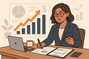 Poster - Financial analyst businesswoman working at office desk with laptop and calculator. Concept of data analysis, market research, and accounting. Female manager reviewing growth charts.