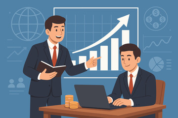 Poster - Business growth strategy presentation. Manager explaining financial report with profit chart. Teamwork and data analysis for corporate success. Investment and financial planning concept.