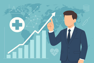 Poster - Businessman pointing at a growing graph, symbolizing medical business growth and success. Concept of healthcare investment, financial analysis, and market strategy with upward arrow.