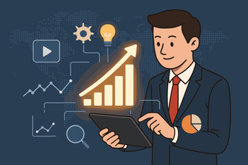 Poster - Businessman analyzing digital marketing strategy and data analytics on a tablet. Concept of business growth, market research, financial success, investment, and global innovation.