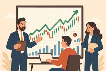 Poster - Business team analyzing stock market data during presentation. Financial expert pointing at growing candlestick chart. Concept of investment, trading, bull market, and teamwork.