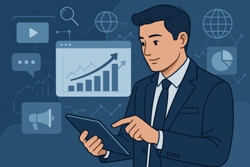 Poster - Vector illustration of a digital marketing strategy. Businessman with a tablet analyzes data for business growth. Analytics dashboard with charts for SEO, SMM, advertising campaign, ROI.