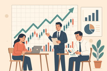 Poster - Financial analysts team at work. Business meeting presentation with stock market chart and graph. Investment strategy, data analysis, and corporate teamwork for success concept.