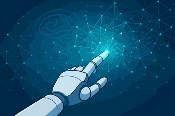 Leinwandbilder - artificial intelligence concept. robot hand touching a glowing neural network grid. human brain silh