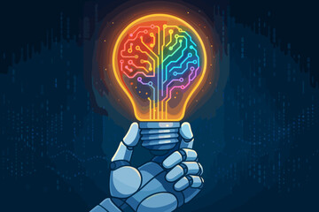 Leinwandbilder - artificial intelligence innovation concept. robot hand holding a glowing lightbulb with a circuit br