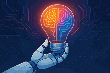 Aufkleber - Artificial intelligence concept with robot hand holding glowing light bulb. Brain circuit inside symbolizes innovation, ideas, machine learning, creativity, and futuristic technology.