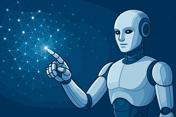 Fototapete - Artificial intelligence concept with a humanoid robot touching a futuristic neural network. AI, machine learning, big data, and technology innovation. Digital connection and cyberspace.