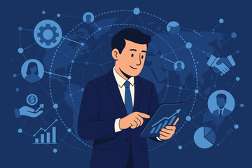 Poster - Businessman analyzing data on tablet for global business growth. Vector concept of corporate strategy, digital networking, financial investment, and worldwide collaboration teamwork.
