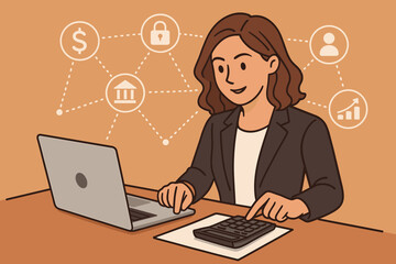 Poster - Financial advisor woman working on laptop and calculator. Digital finance and fintech concept with network icons for banking, security, investment growth, and budget planning.