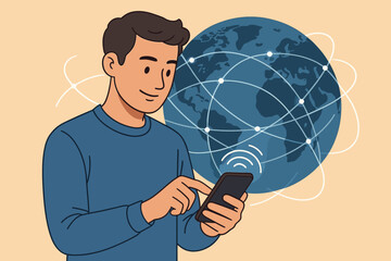 Poster - Global network connectivity and communication technology concept. Man using mobile phone for international internet access. Digital world, data transfer and social networking vector art.